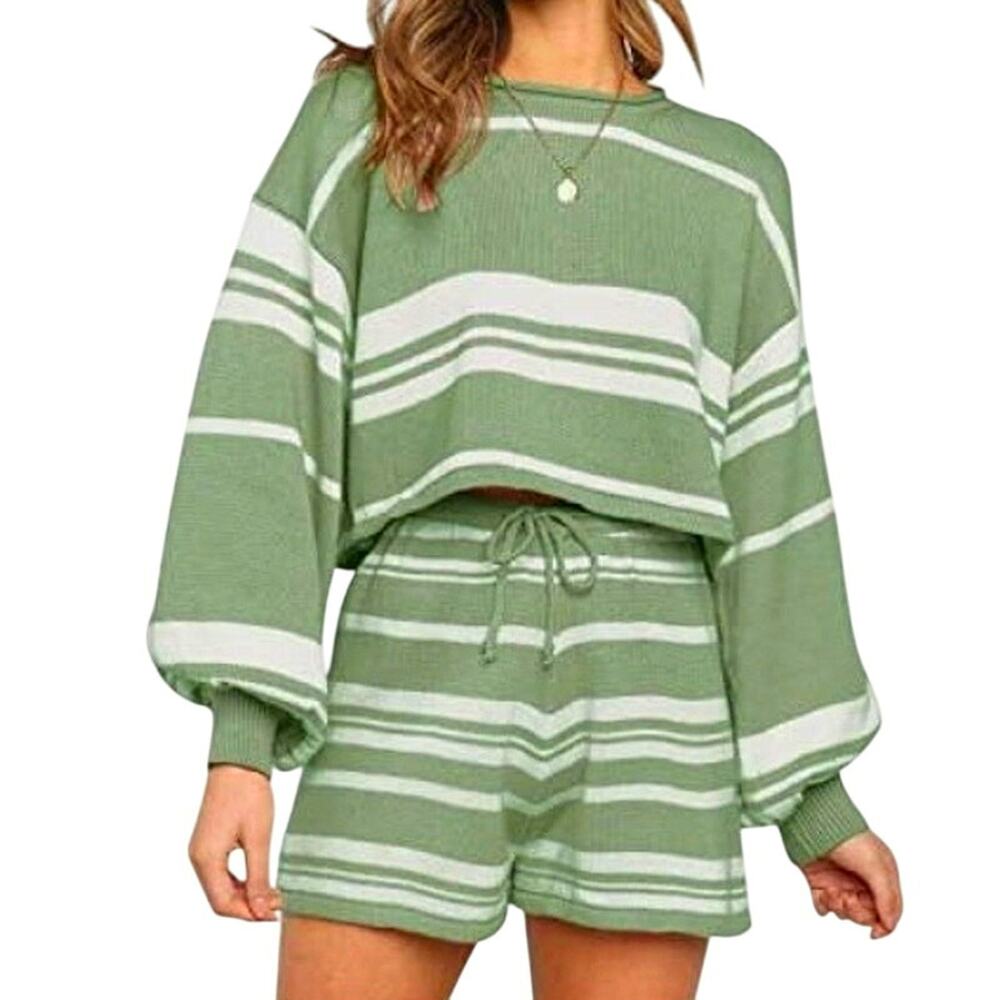 Zesica sz‎ S Long Sleeve 2 Piece Sweater Short Set Women Stripe Green Loungewear